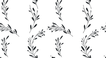 A seamless pattern featuring elegant black leaves on a white background, ideal for various design projects.