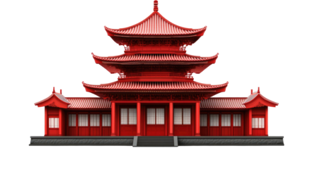 Red pagoda-style temple with tiered roofs, columns, and steps