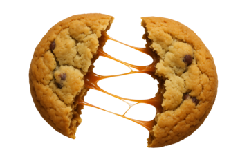 Gooey Caramel Filling Stretched Between Two Halves of a Chocolate Chip Cookie