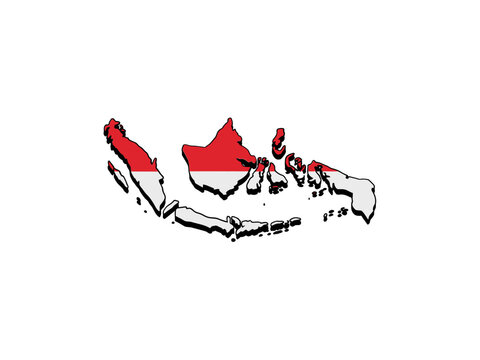 Indonesia archipelago map, islands silhouette with red white flag bands, Southeast Asia geography, travel education graphic, vector