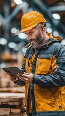 Skilled worker in safety gear reviews data on tablet in busy warehouse during daylight hours