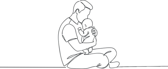 A minimalist line drawing of a father holding and nurturing his baby, showcasing love and connection.