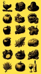 Display of traditional autumn harvest items featuring turkey, pumpkins, and seasonal produce in