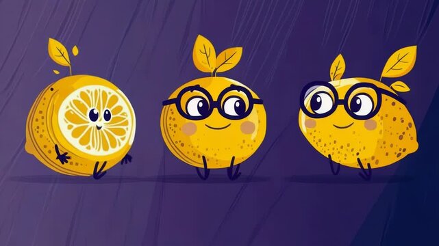 Three adorable cartoon lemons with glasses smile cheerfully on a purple background. These happy fruit characters bring a bright, playful, and educational vibe.