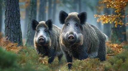 Two wild boars foraging in a misty forest during early morning hours with autumn foliage
