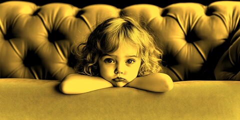 Child resting on couch with a thoughtful expression indoors, showcasing a moment of contemplation and innocence