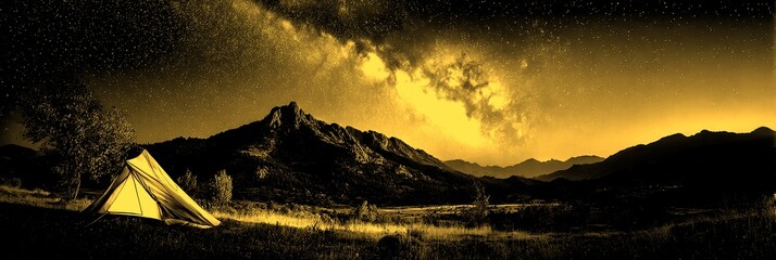 Camping under a starry sky with a view of the Milky Way near rugged mountains during the night