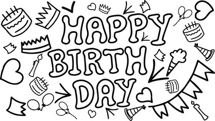 Happy Birthday Doodle Illustration | Hand-Drawn Party Elements and Lettering