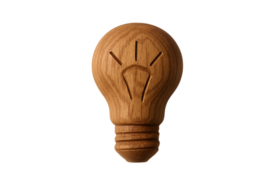 Natural Timber Lightbulb Sculpture Isolated , Sustainability Concept for Green Energy, Smart Ideas and Design Inspiration