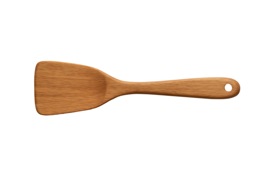 Natural wooden kitchen spatula turner with hanging hole, premium studio product shot isolated on black background, ideal for nonstick cookware
