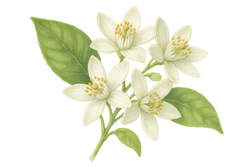Obraz premium White orange blossom flower botanical watercolor illustration with green leaves, transparent background