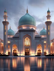 A stunning architectural view of a grand mosque at twilight, showcasing intricate details and illuminated domes, perfect for travel blogs, cultural publications, or religious articles,