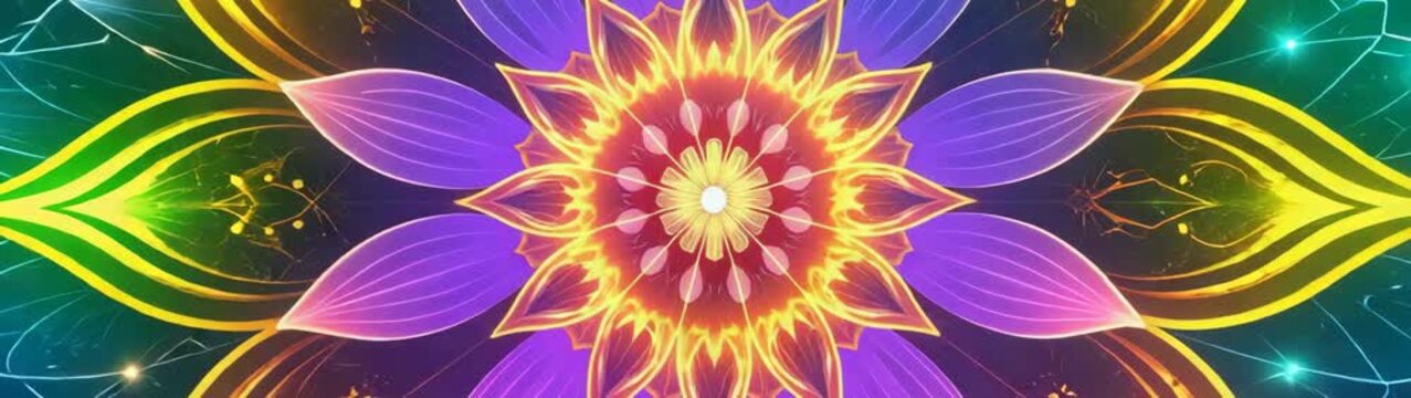 Vibrant abstract mandala with glowing lotus flower petals in sacred geometry