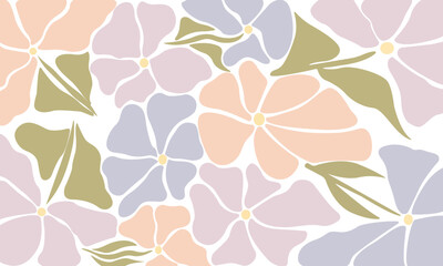 Seamless floral vector pattern with pastel abstract flowers and green leaves on white background. Soft minimal design for textile, wallpaper, packaging and modern decorative prints