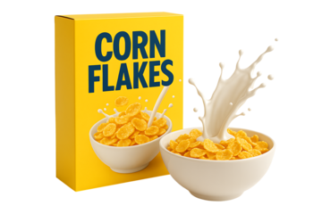 Vibrant yellow cornflakes cereal box with bold typography beside two white ceramic bowls and dynamic milk splash, premium studio product shot isolated on black background