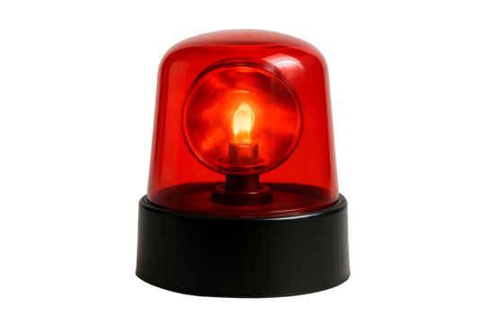 Warning Signal Light with Illuminated Bulb Under Red Dome, Studio Closeup for Safety, Security and Emergency Notification