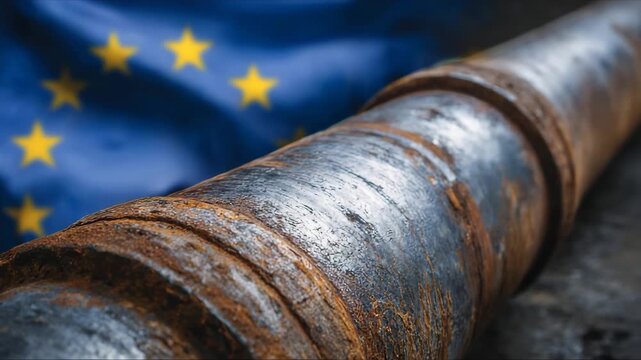 Old, rusty pipe beside European Union flag raises questions about aging infrastructure and environmental concerns in Europe