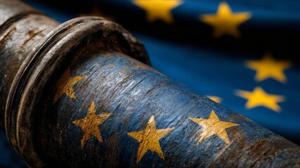 Exploration of European history through an ancient cannon close to the European Union flag - Powered by Adobe