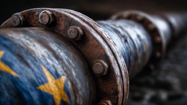 Close-up view of a rusty pipe painted with the European Union flag showing wear and aging in an industrial setting