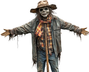 Obraz premium Creepy scarecrow with skeletal face, tattered clothes, arms outstretched