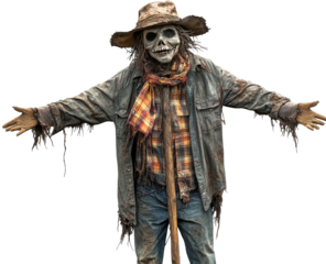 Creepy scarecrow with skeletal face, tattered clothes, arms outstretched