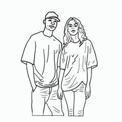 Stylish Young Casual Couple Standing Together in a Minimalist Black and White Line Art Illustration with Trendy Outfits and Modern Fashion Vibes