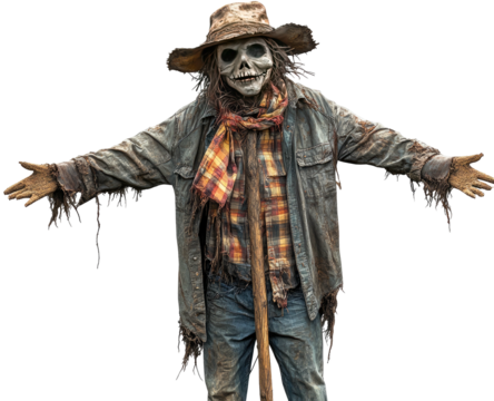 Creepy scarecrow with skeletal face, tattered clothes, arms outstretched