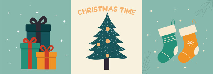 Christmas cards set Illustration with Tree, Gifts, and Stockings