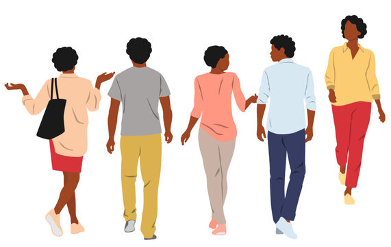 Young men and women, people walking, front and back view, dark skin, different colors, cartoon character, frends silhouettes, flat icon design concept isolated on white background