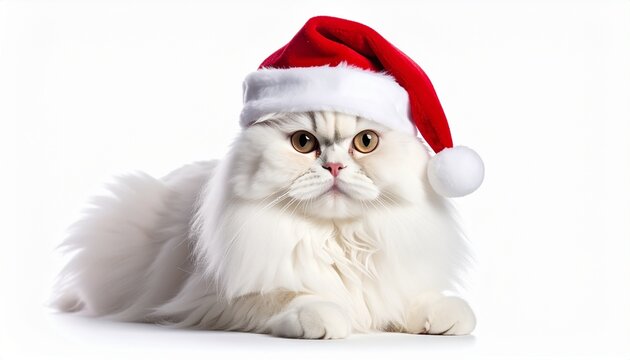 White Persian cat in Santa hat lying with paws stretched forward&mdash;highlighting festive elegance, fluffy charm, and holiday warmth.