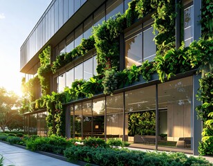 Photorealistic exterior of a modern office building with a lush living green facade 2