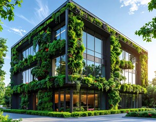 Photorealistic exterior of a modern office building with a lush living green facade 4