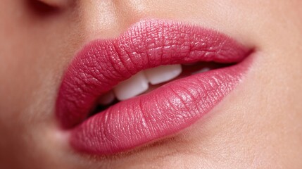 Fototapeta premium Soft pink lips showcase a glossy finish, emphasizing beauty in a close-up view illuminated by gentle light