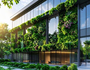 Photorealistic exterior of a modern office building with a lush living green facade 1