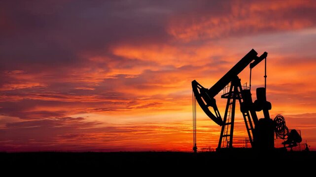 Sunset view of an oil pump jack working in the field with vibrant colors in the sky