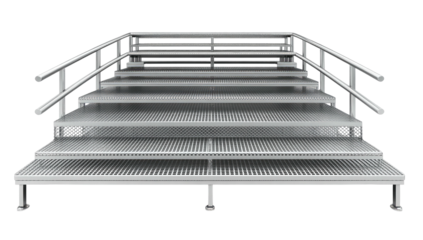 Gray steel stairs with handrails ascending against a black background