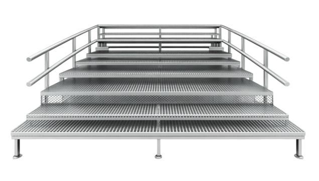 Gray steel stairs with handrails ascending against a black background