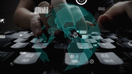 A close-up image featuring hands typing on a keyboard with a digital overlay of a globe and data metrics, illustrating global connectivity and the modern technology landscape. Xenic
