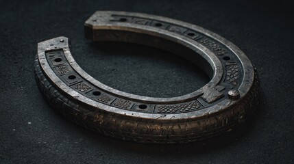 A metallic horseshoe made from tire material rests on a dark textured surface, showcasing unique patterns and details