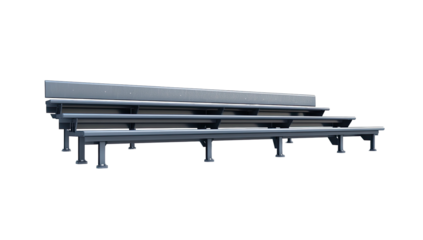 Empty tiered bleachers with metal seating and supports against black