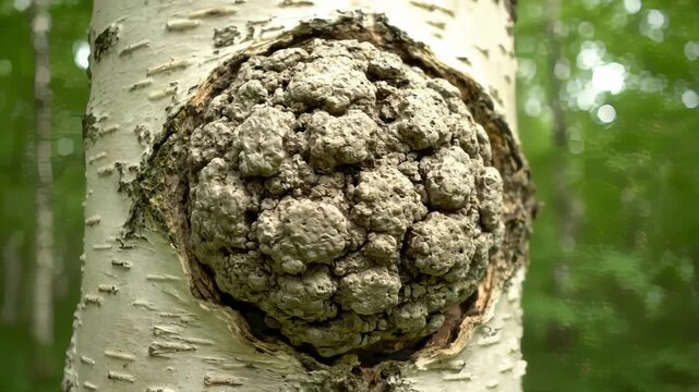 Close Up of Chaga Mushroom Growing on Birch Tree