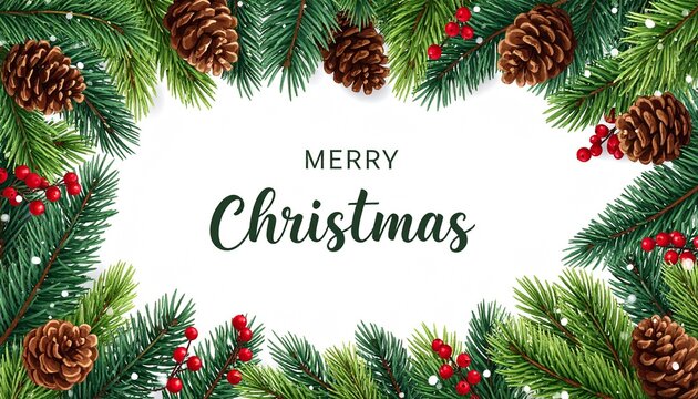 “MERRY Christmas” in decorative red font centered in pinecone-and-berry border—evoking classic holiday charm and seasonal elegance.