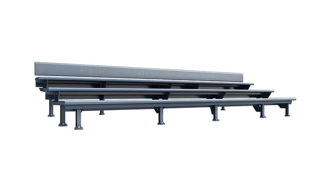Empty tiered bleachers with metal seating and supports against black