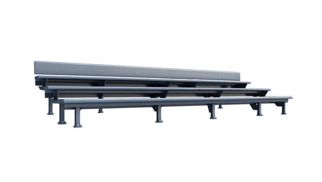 Empty tiered bleachers with metal seating and supports against black