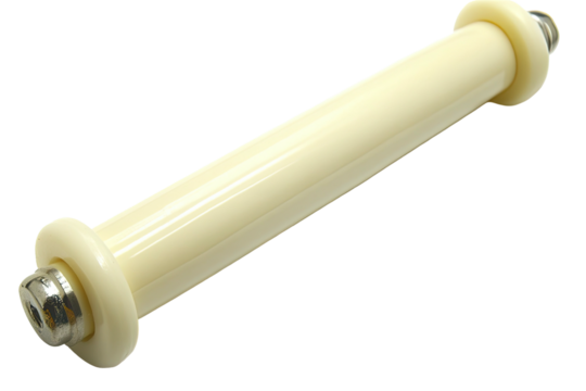 Cream-colored, cylindrical, smooth handle with metallic ends, angled on a black surface