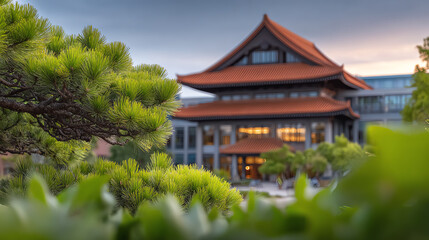Fototapeta premium A stunning architectural view featuring a traditional building surrounded by lush greenery, set against a twilight sky.