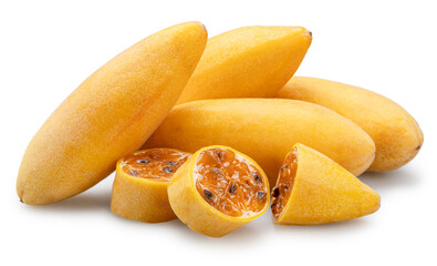 Curubas or banana passion fruits and fruit slices showing the juicy pulp and black seeds on white background. File contains clipping path.