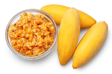 Curuba or banana passion fruits and glass bowl with curuba juicy pulp and black seeds on white background. File contains clipping path.