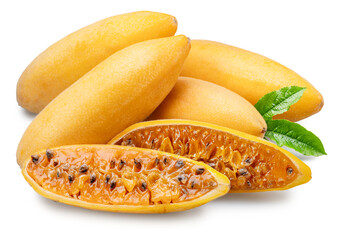 Curubas or banana passion fruits and fruit cut in half showing the juicy pulp and black seeds on white background. File contains clipping path.