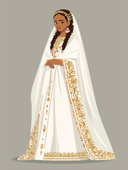 flat vector illustration of Ethiopian bride in traditional white habesha kemis dress with gold embroidery, braided hair with netela wrap